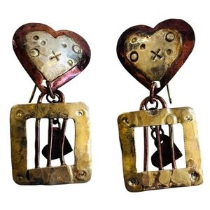 Cindy Bolin Heart Artisan Earrings Dangle hammered textured Copper sterling 925‎